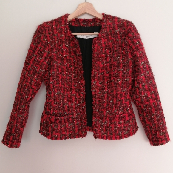 IRO Disco Frayed Metallic Bouclé-Tweed Blazer Jacket Red Wool Open Front 34 2 US - Picture 5 of 17